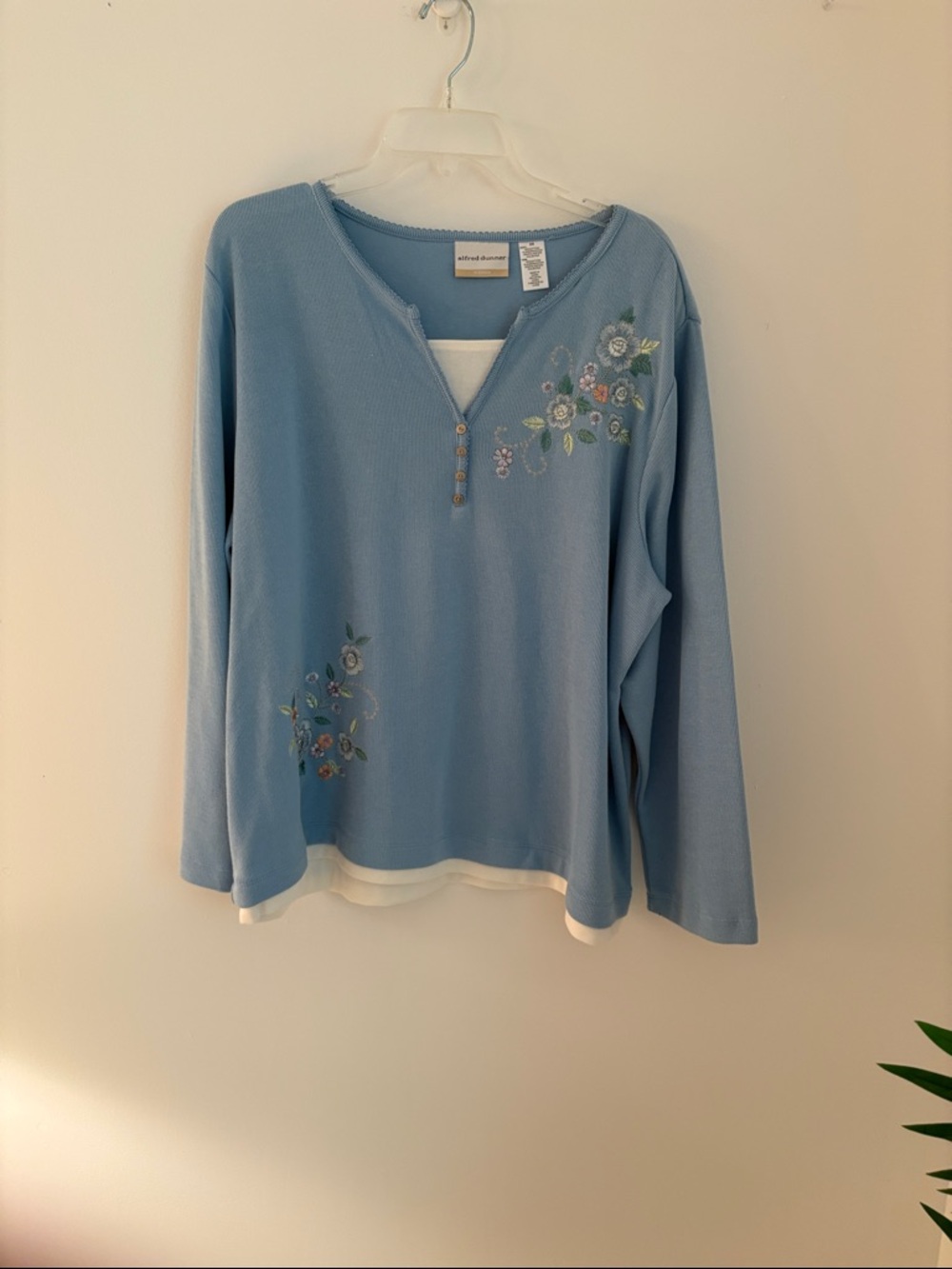 Alfred Dunner Light Blue Embroidered Layered-Look Henley Top